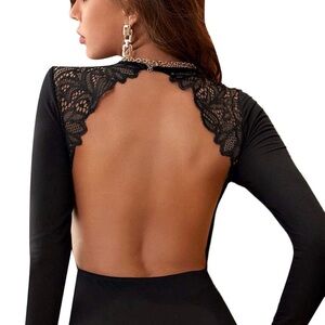 Elegant Black Lace Backless Bodysuit